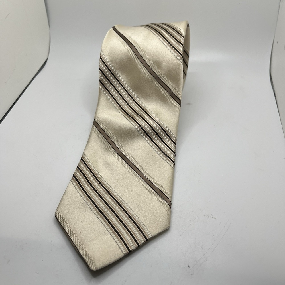 DKNY Mens 100% Silk 62" x 3 3/8" Necktie USA Designer STRIPED‎ Tan / Brown